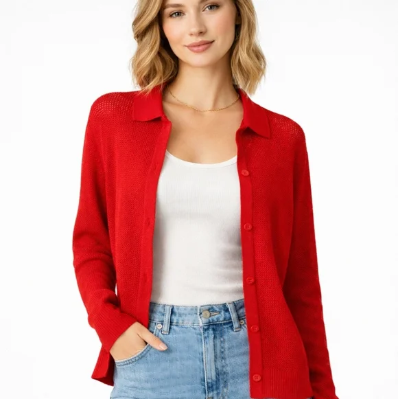 Bailey | Textured Red Knit Polished Cardigan - Picture 7 of 8